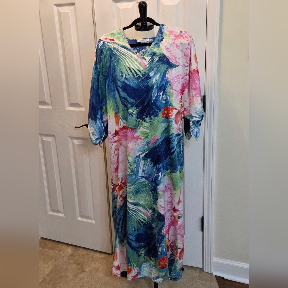 NATORI PRIVATE LUXURIES PARADISE TROPICAL PALMS CAFTAN MAXI NIGHTGOWN LEISURE S - Picture 2 of 9